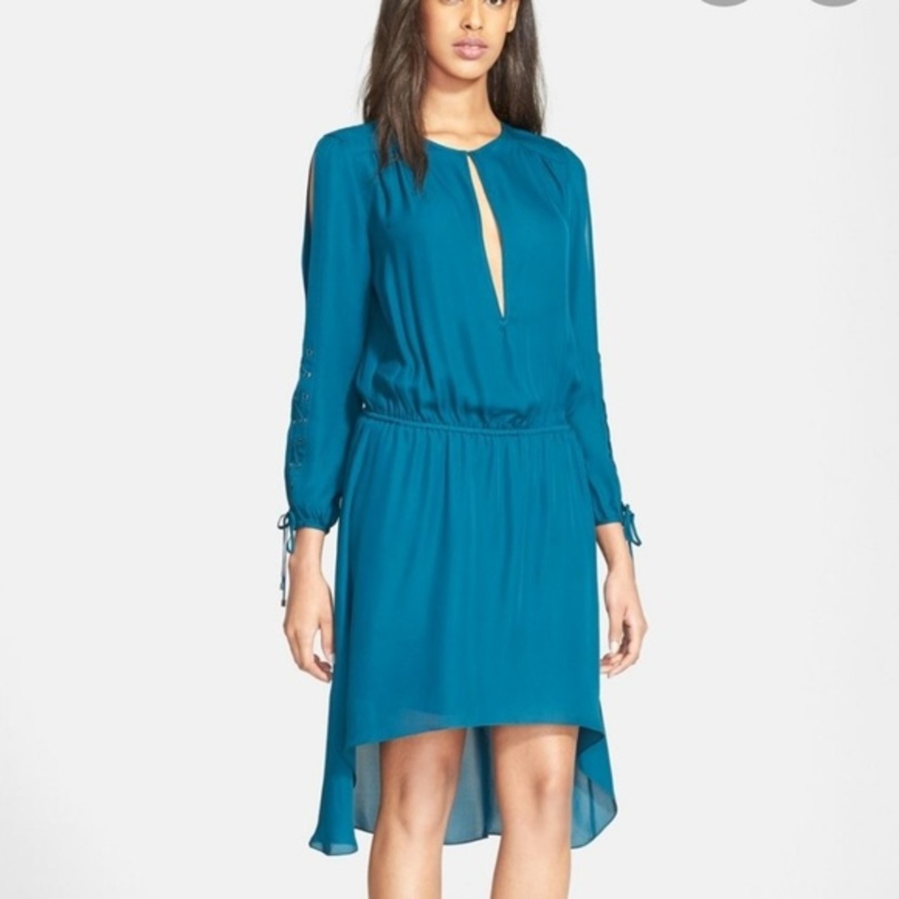 Haute Hippie Split Sleeve Silk Teal Blouson Dress